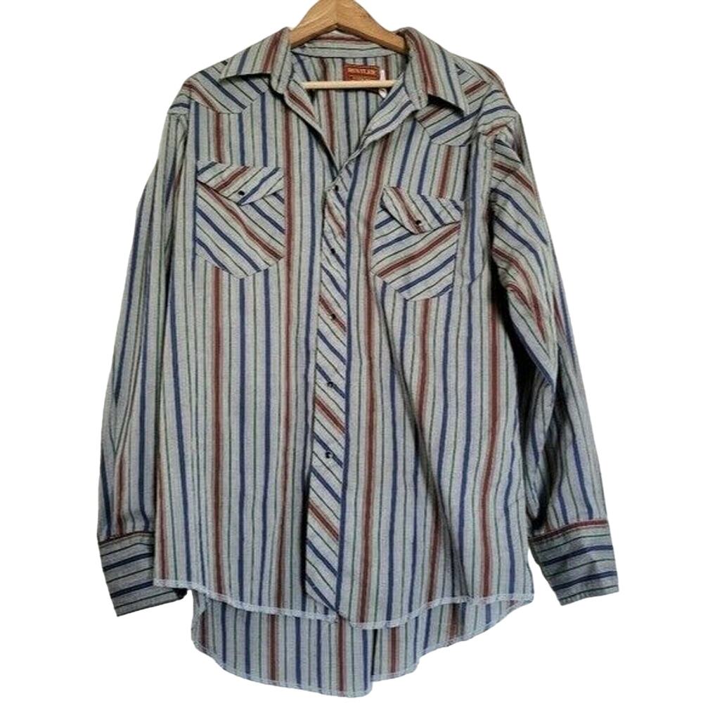 Vtg Rustler Pearl Snap Button Up Shirt Mens 17.5 34/35 Western Multicolor Stripe